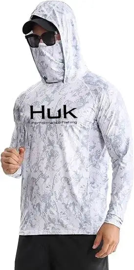 Men's fishing hooded sweatshirt with UV protection, featuring a camouflage design and a face mask for sun coverage.