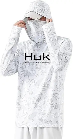 Men's fishing hoodie with UV protection, featuring a hood and face mask, ideal for outdoor activities.