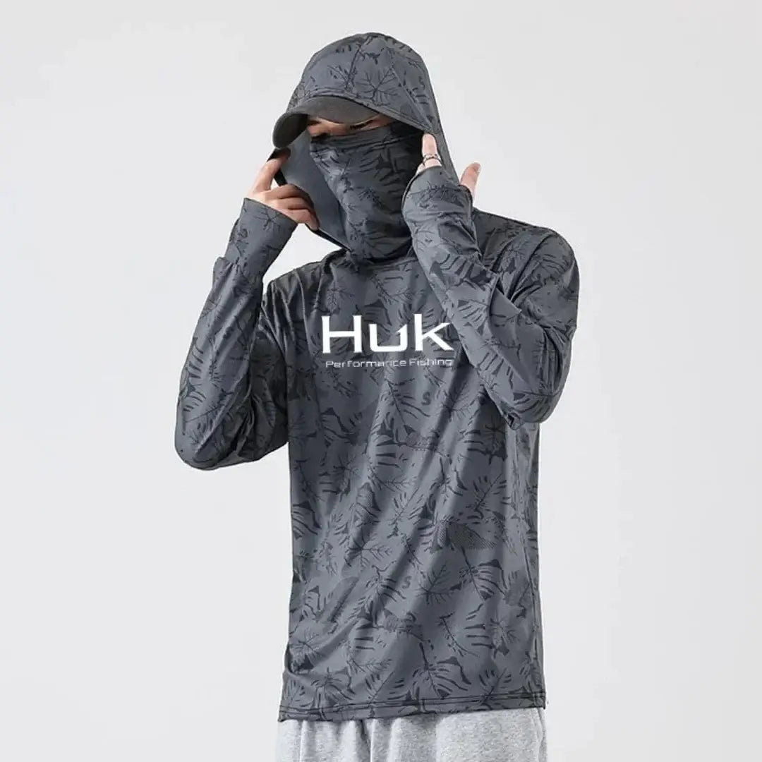 Men's grey UV protection fishing hoodie featuring a mask and hood for sun protection.