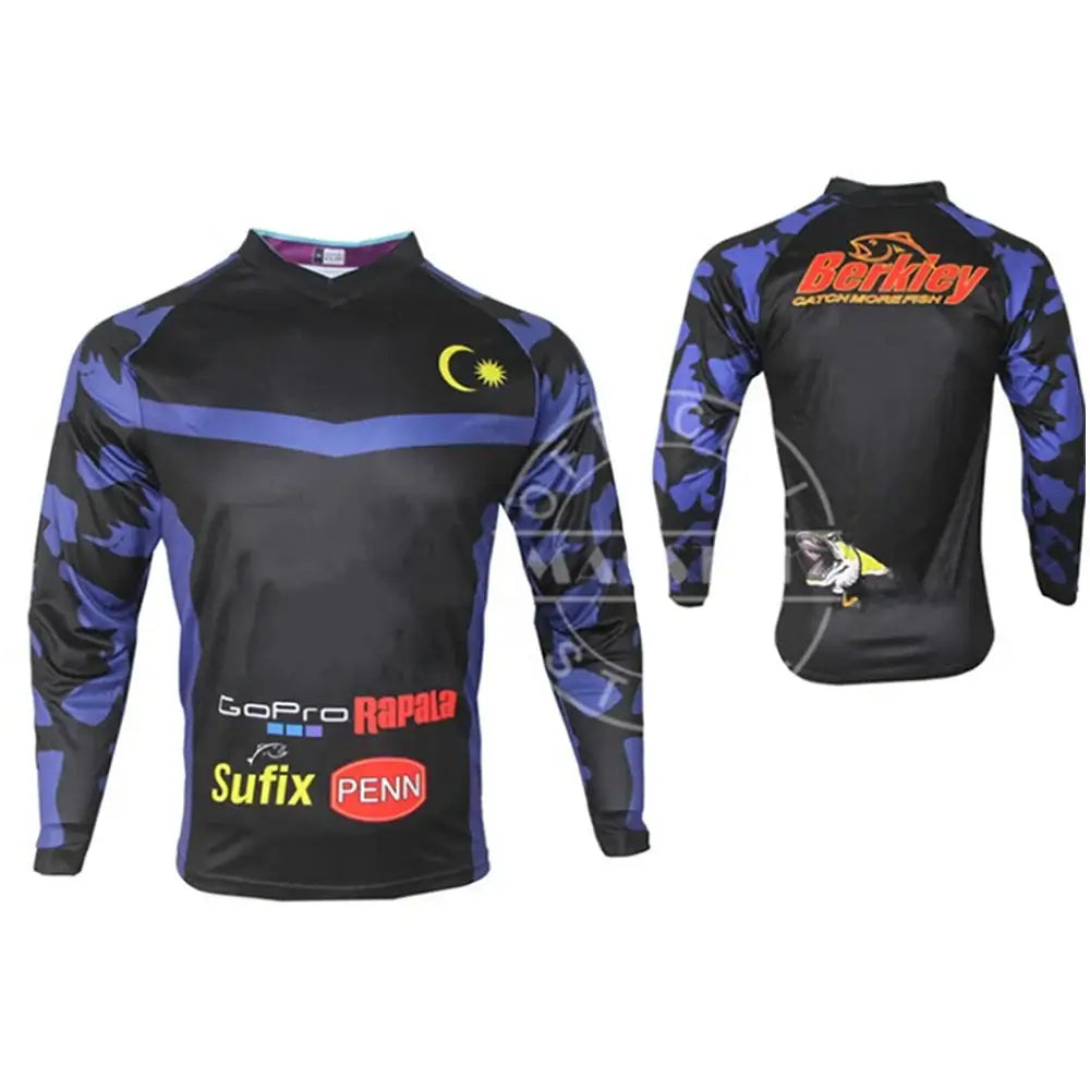 Men's long-sleeved fishing shirt in black with blue accents and logos, ideal for outdoor activities and sun protection.