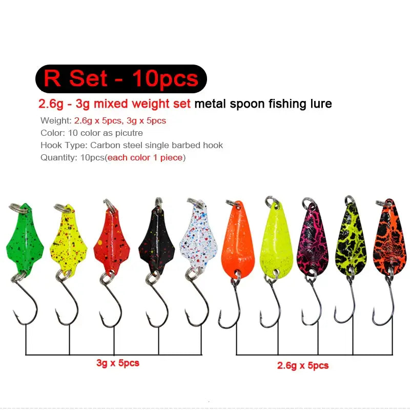 10pcs metal spoon fishing lures in mixed weights 2.6g-3g, vibrant colors for trout and chub fishing, durable design.