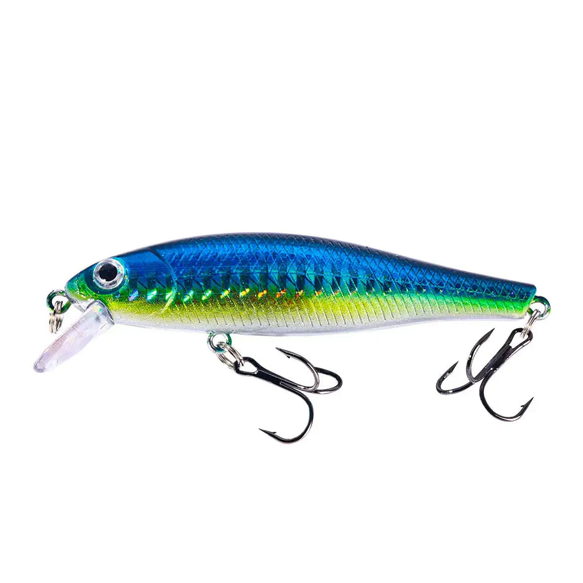 Minnow crank wobbler jerkbait fishing lure in blue and green, perfect for bass, pike, and carp fishing.