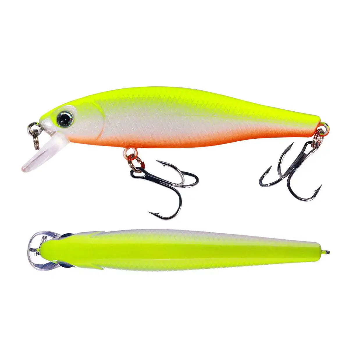 Minnow crank wobbler jerkbait fishing lure in fluorescent colors for bass, pike, and carp fishing.