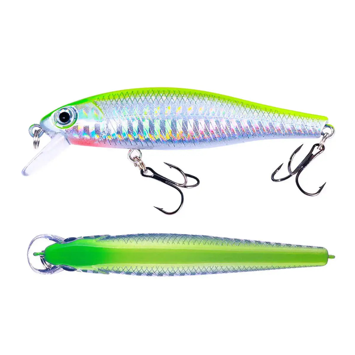 Minnow crank wobbler jerkbait fishing lure in green and silver, designed for bass, pike, and carp fishing with a realistic swimming action.