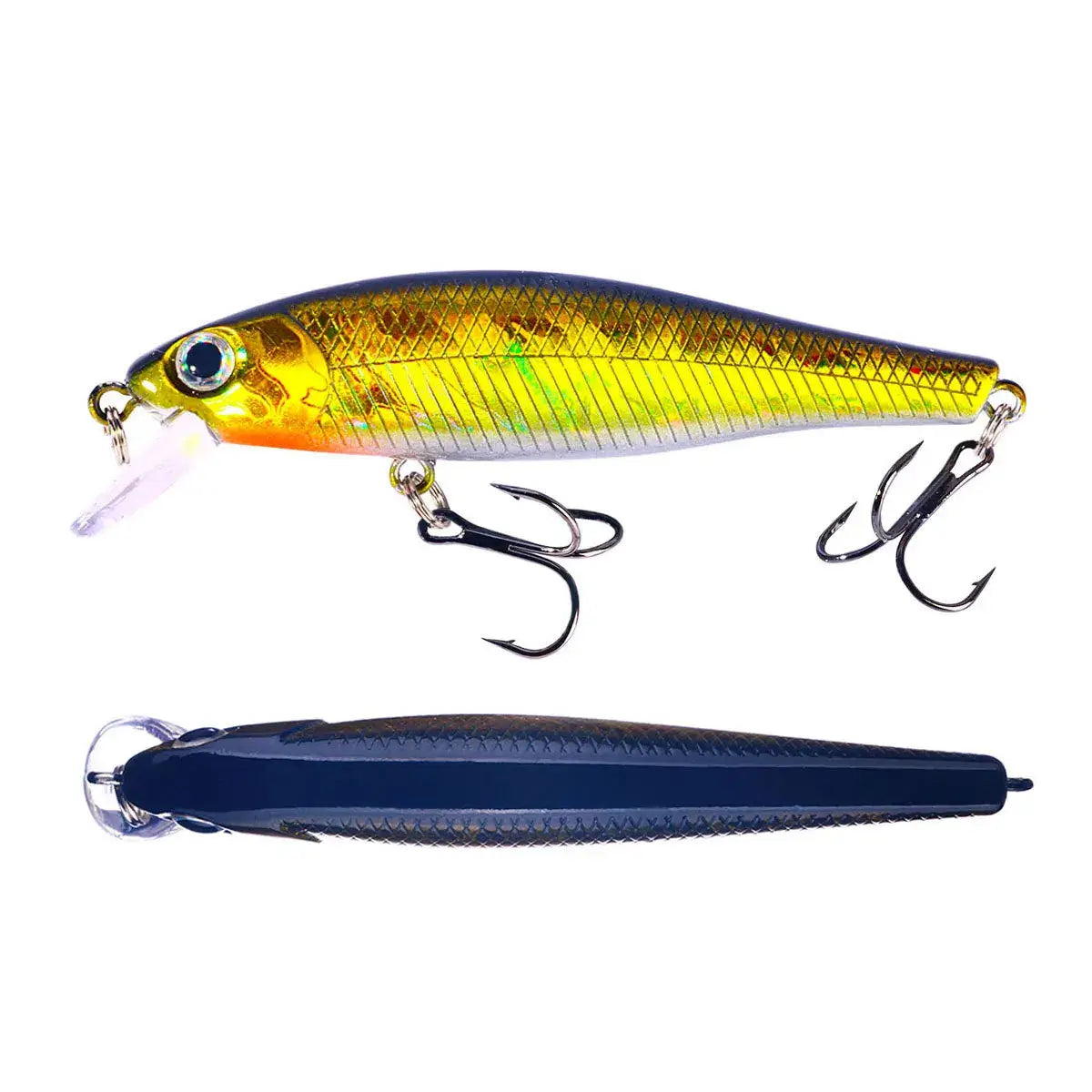 Minnow crank wobbler jerkbait fishing lure in gold and blue, designed for bass, pike, and carp fishing.