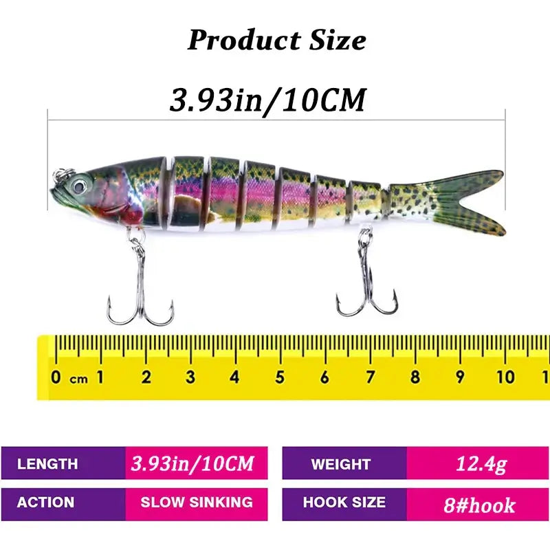 Multi-jointed fishing lure size chart showing 10cm length and 12.4g weight, featuring slow sinking action and 8# hook.
