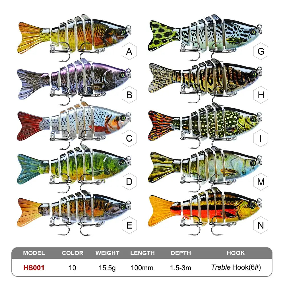 Multi-jointed swimbaits in various colors and designs, ideal for bass fishing in freshwater and saltwater.