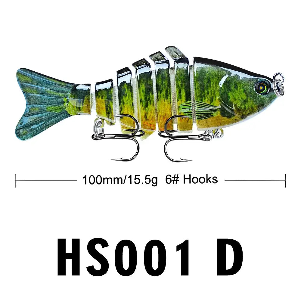 Multi Jointed Swimbait with 6 hooks, 100mm long and 15.5g weight, perfect for freshwater and saltwater fishing.