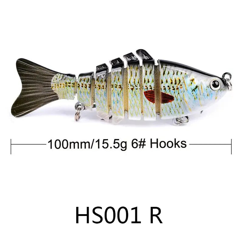 Multi Jointed Swimbait for bass fishing, 100mm long, 15.5g weight, equipped with 6 hooks, ideal for freshwater and saltwater.