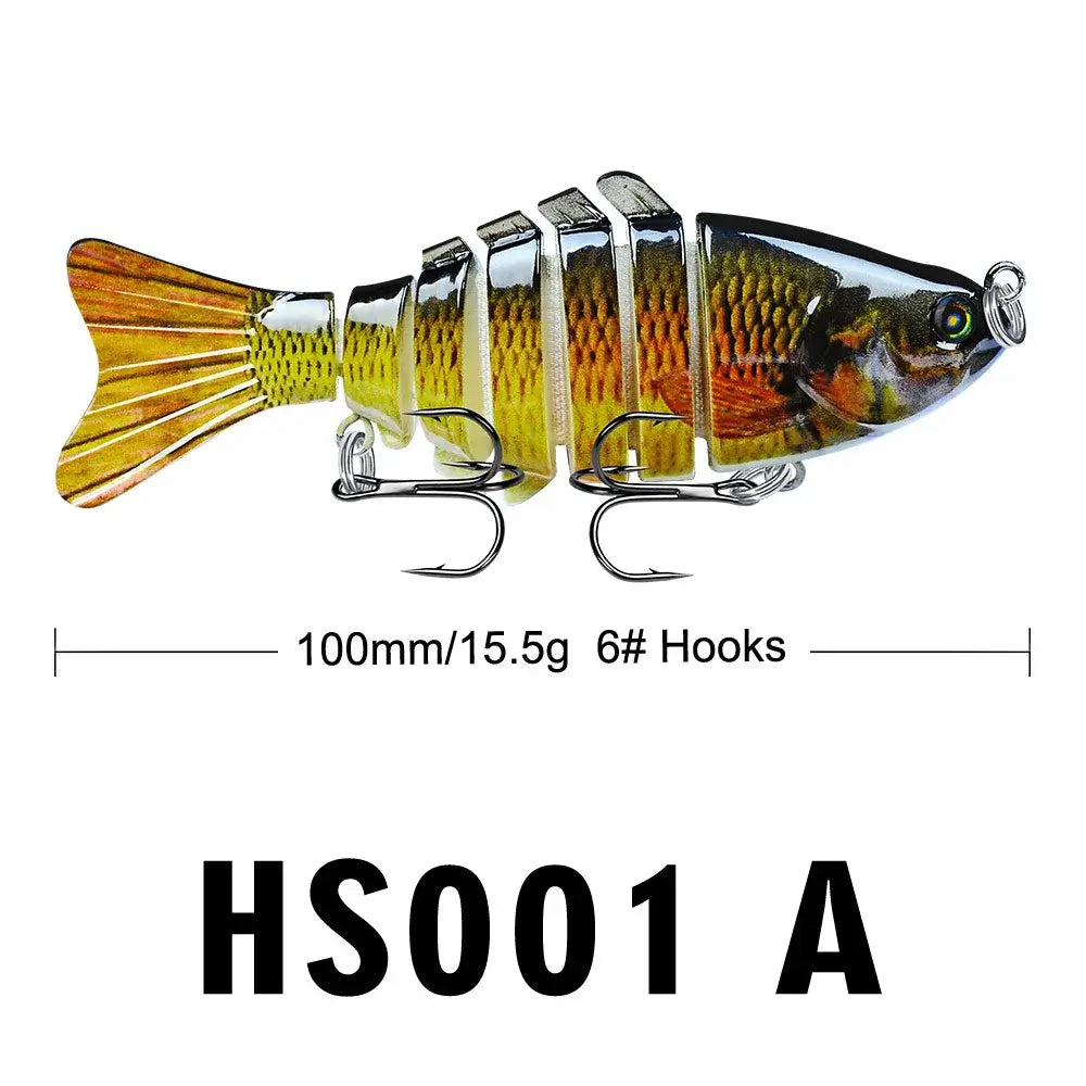 Multi Jointed Swimbait with realistic fish design, 100mm length, 15.5g weight, equipped with 6# hooks for fishing.