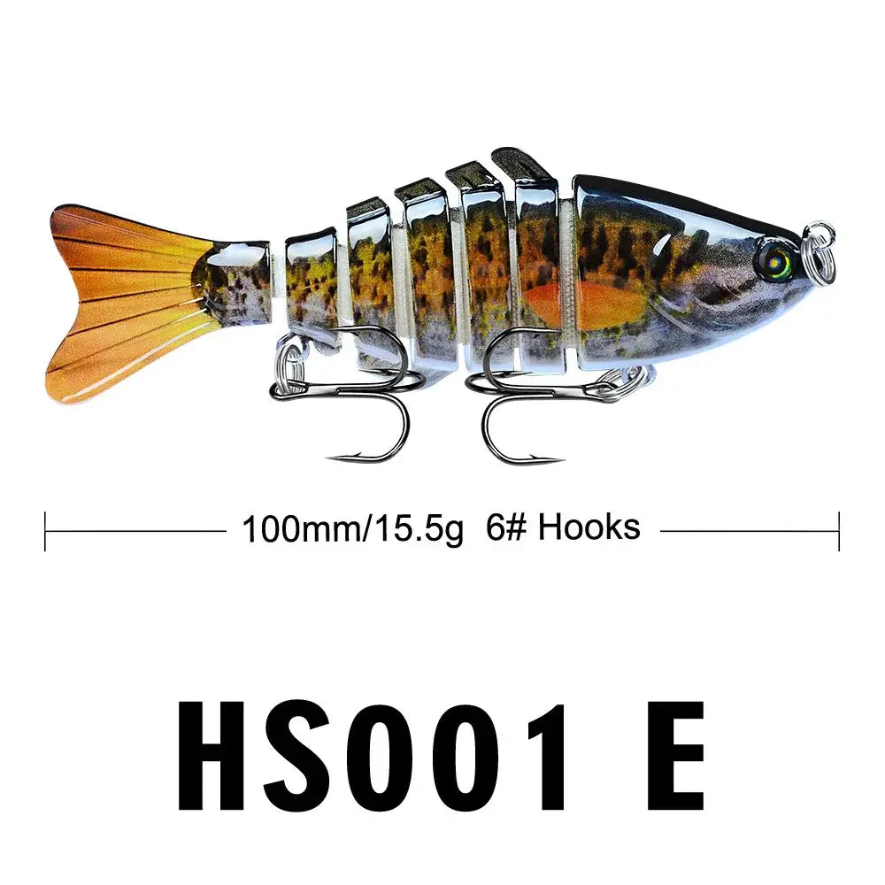 Multi jointed slow sinking swimbait fishing lure in realistic fish design, ideal for freshwater and saltwater fishing.
