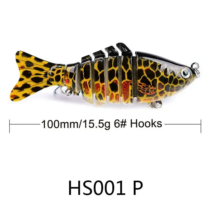 Multi-jointed swimbait fishing lure in leopard pattern, 100mm, slow sinking, suitable for freshwater and saltwater fishing.