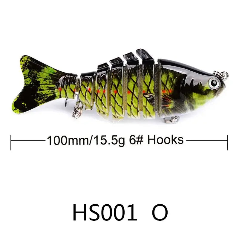 Multi jointed swimbait in green, 100mm long with 15.5g weight, perfect for bass fishing in freshwater and saltwater.