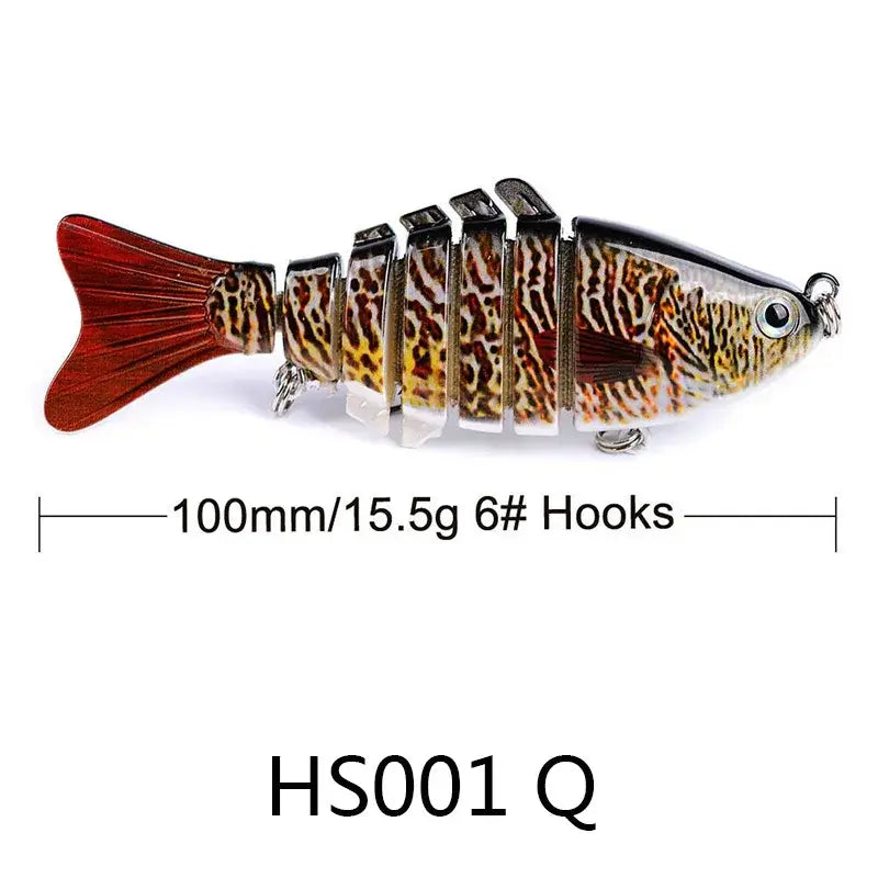 Multi jointed swimbait lure, 100mm long, 15.5g weight, designed for freshwater and saltwater fishing.