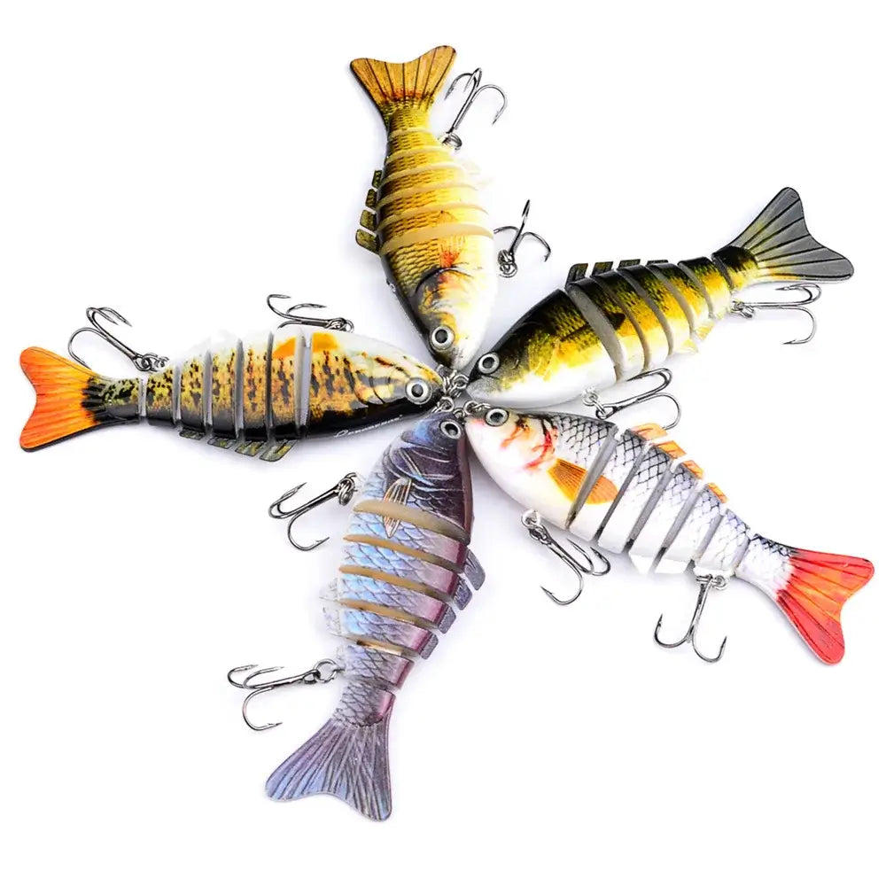Multi jointed swimbait fishing lures in various patterns for freshwater and saltwater fishing, with multiple hooks.
