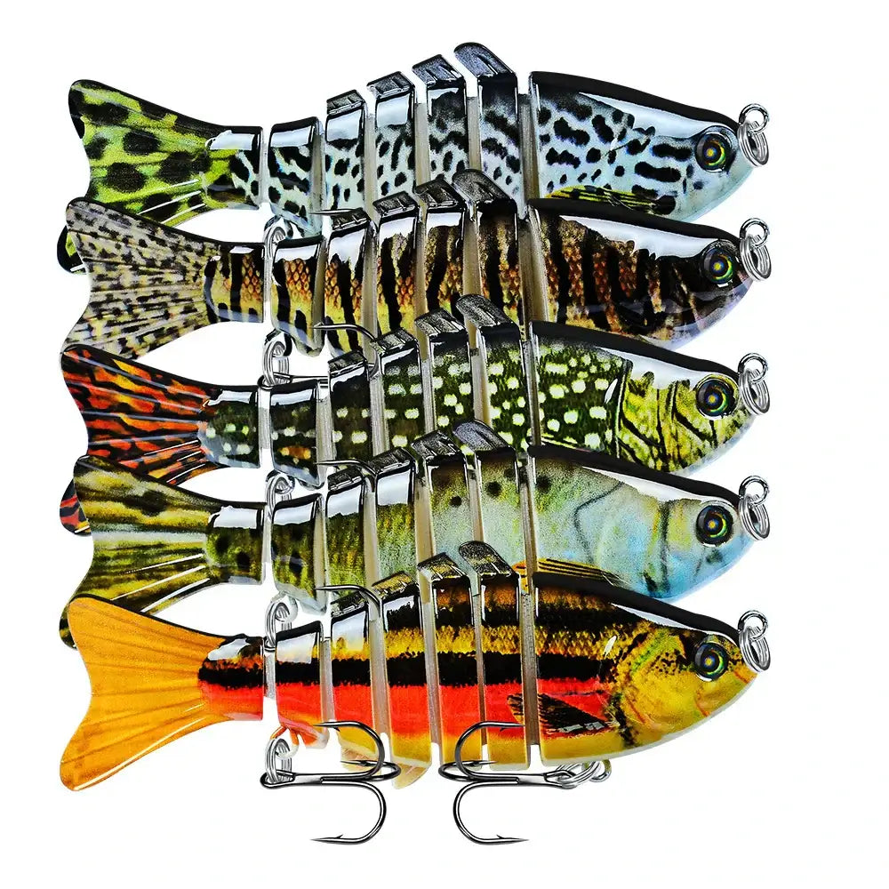 Multi jointed swimbait fishing lures in various colors, ideal for bass fishing in freshwater and saltwater.
