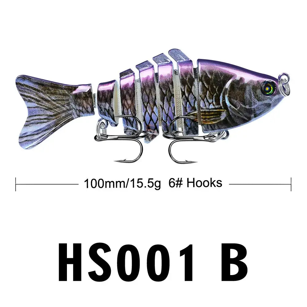 Multi Jointed Swimbait in purple, 100mm long with 6# hooks, ideal for bass fishing in freshwater and saltwater.