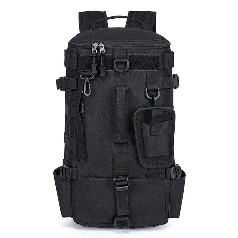 Multifunctional black fishing backpack with rod holders and MOLLE webbing for outdoor sports and camping.