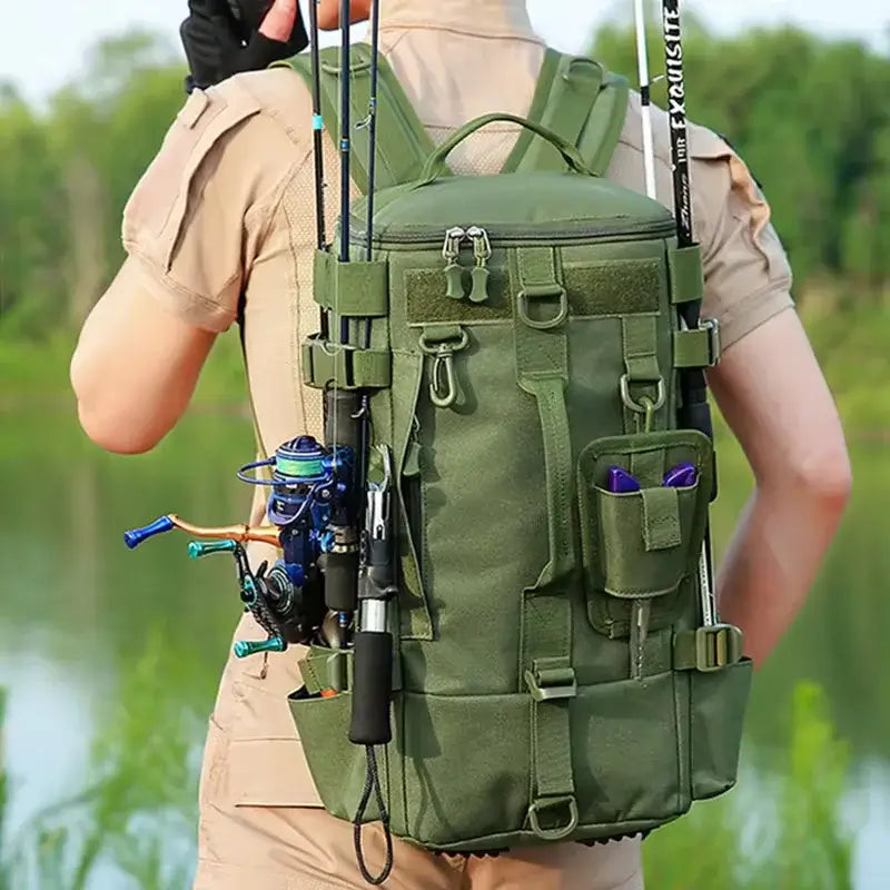 Multifunctional fishing backpack with rod holders, ideal for outdoor sports and camping by the water.