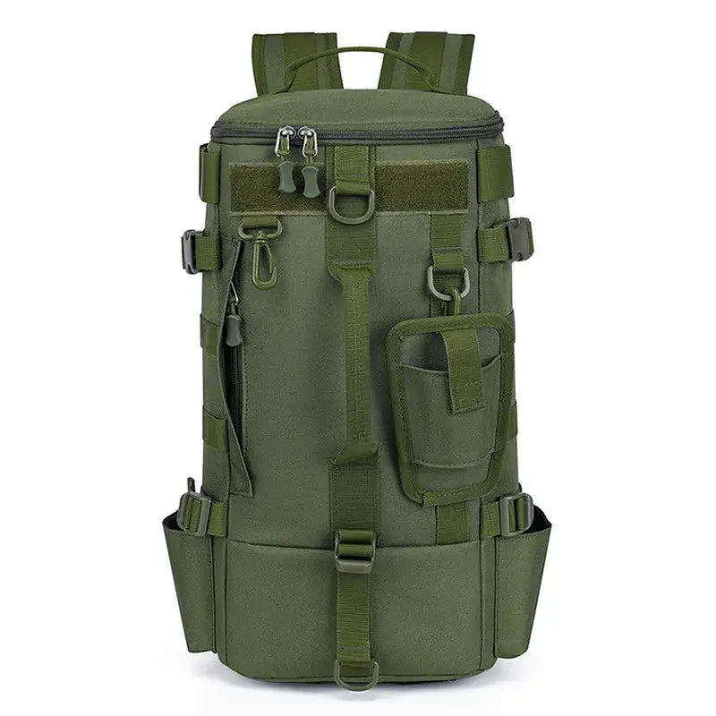 Multifunctional fishing backpack in green color with multiple compartments and MOLLE webbing, ideal for outdoor sports and camping.