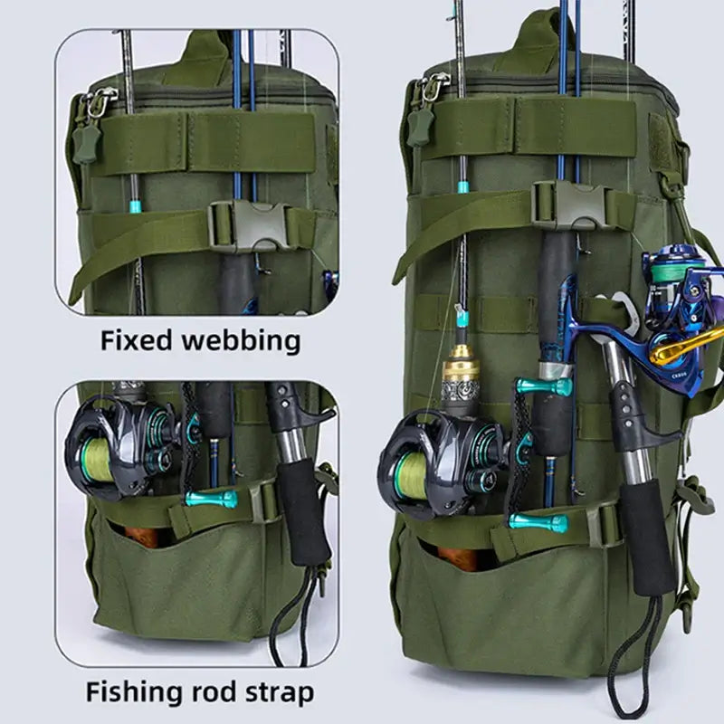 Multifunctional fishing backpack with rod holders and webbing, ideal for outdoor sports and camping.
