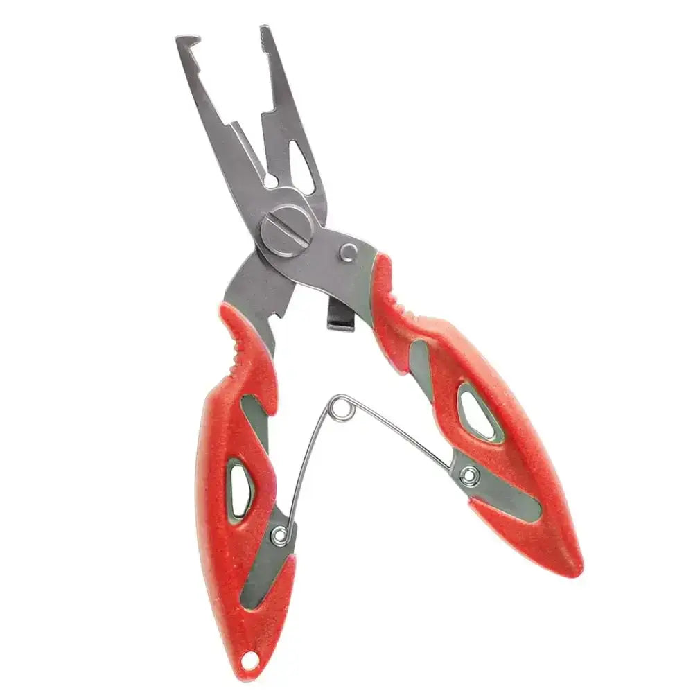 Multifunctional fishing pliers with red ergonomic handles for cutting lines and removing hooks.