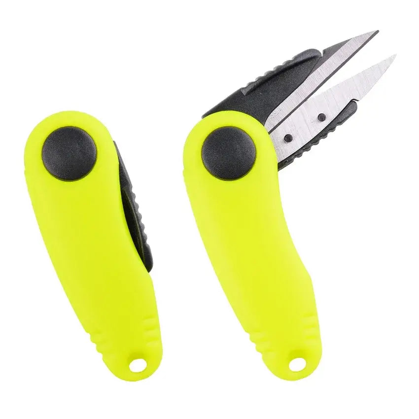 Multifunctional fishing plier scissor in bright yellow, designed for cutting braid line and removing hooks efficiently.