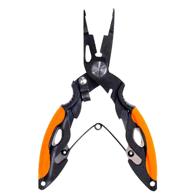 Multifunctional fishing pliers featuring scissors, braid line cutter, and hook remover with ergonomic handles.
