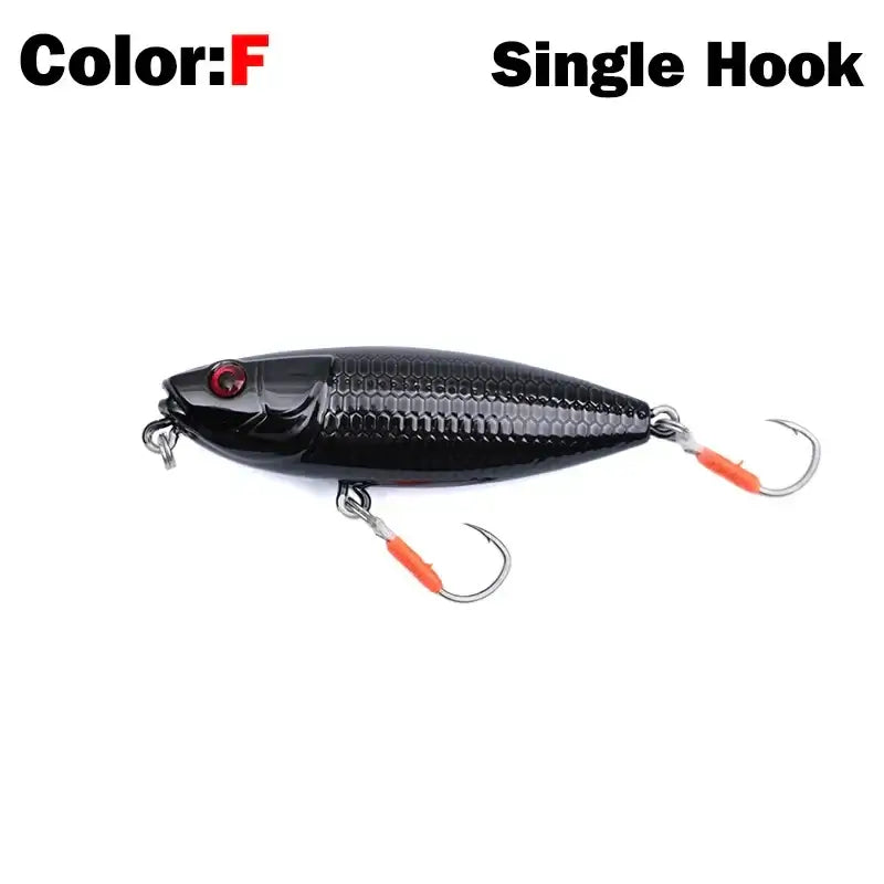 Black fishing lure with red eye and single hook, ideal for bass and pike fishing.