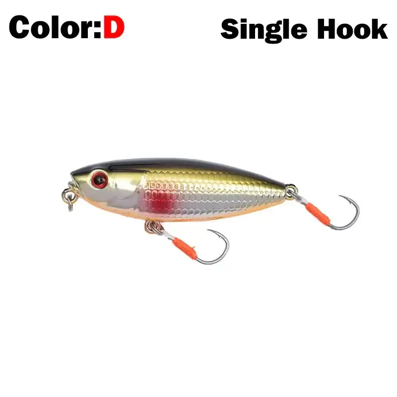 New floating pencil stickbait fishing lure in Color D with single hook for topwater fishing, ideal for bass and trout.