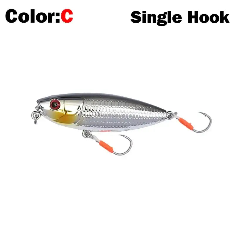 New floating pencil stickbait fishing lure in silver color with single hook, ideal for bass, trout, and pike fishing.