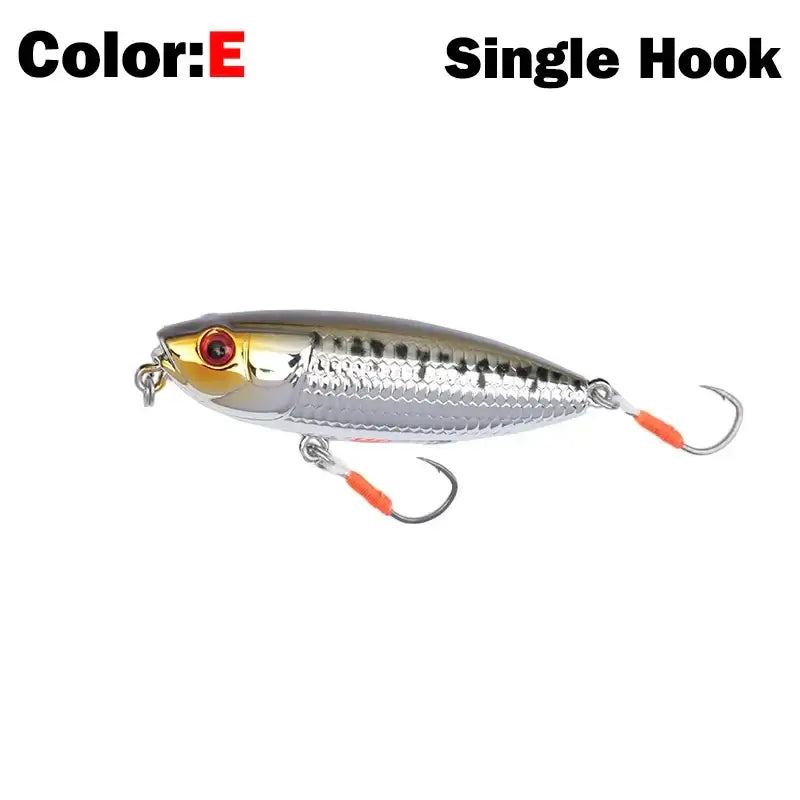 Silver floating pencil stickbait lure with a single hook, ideal for bass and pike fishing.