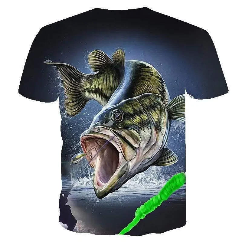 Men's fishing t-shirt with 3D digital fish print, featuring a large bass design, ideal for summer casual wear.