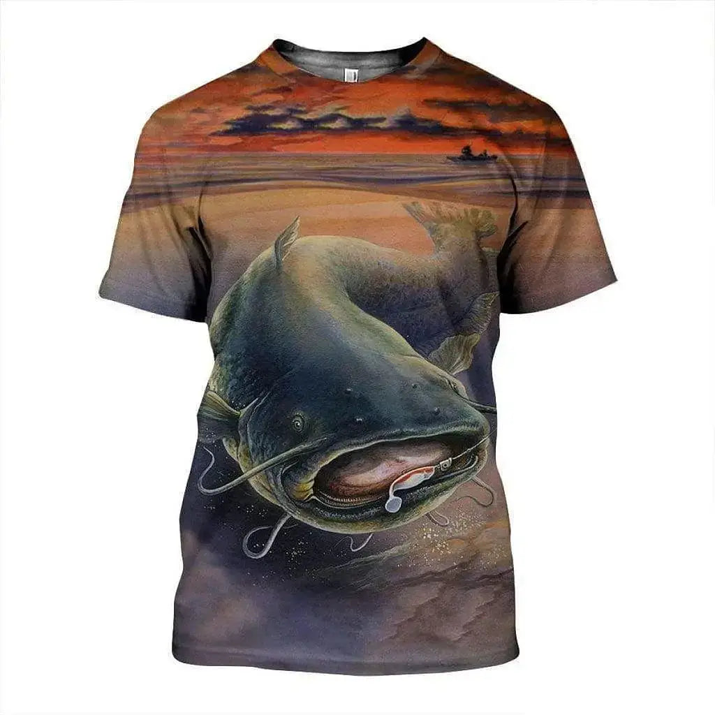 3D printed fishing t-shirt featuring a realistic fish design against a scenic background, perfect for summer wear.