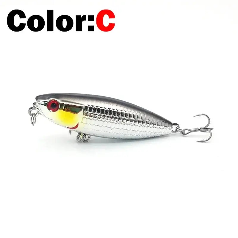 New floating pencil stickbait fishing lure in silver with red eyes, ideal for catching bass and trout.