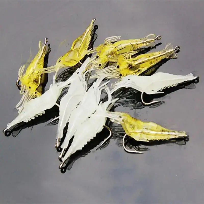 Set of 10 luminous silicone artificial shrimp baits for fishing, featuring realistic designs and quality hooks.