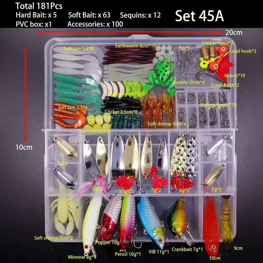 Mixed fishing lure set featuring 181 pieces of soft and hard baits in a durable box, ideal for various fishing locations.