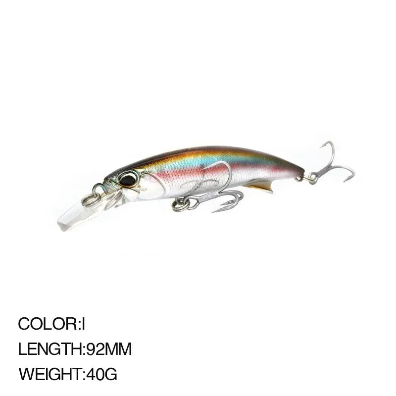 92mm Sea Fishing Minnow lure in vibrant colors, 40g weight, perfect for attracting aggressive saltwater fish.