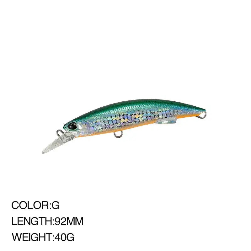 New Sea Fishing Minnow lure in green color, 92mm length, 40g weight, ideal for attracting saltwater fish.