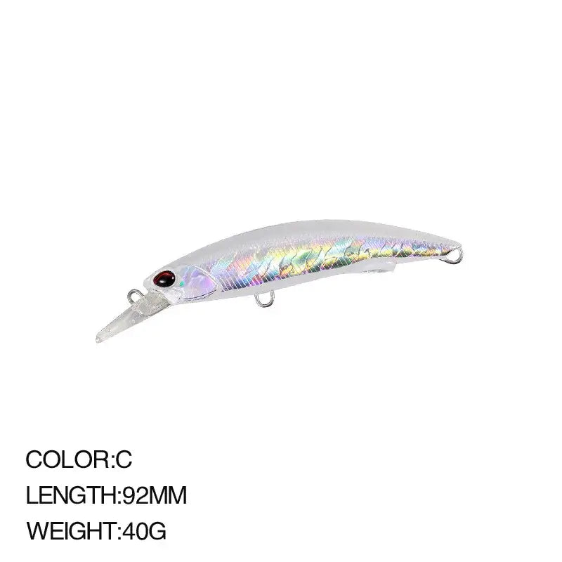 Sea Fishing Minnow lure, 92mm, 40g, with shimmering profile for saltwater fishing, perfect for bass and bluefish.