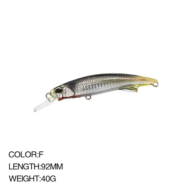 92mm Sea Fishing Minnow lure in silver color, 40g artificial bait for saltwater fishing.