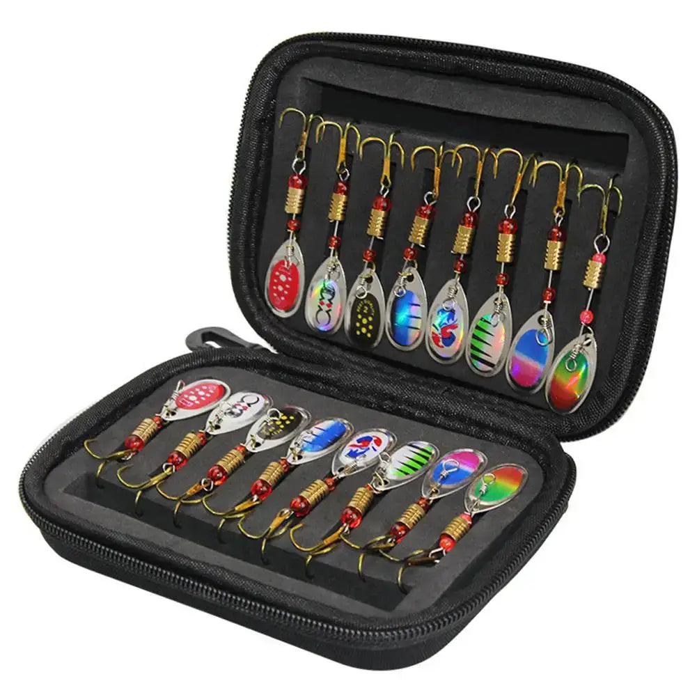 Set of 16 metal spoon spinner fishing lures in a protective case, featuring vibrant colors and hooks for targeting game fish.