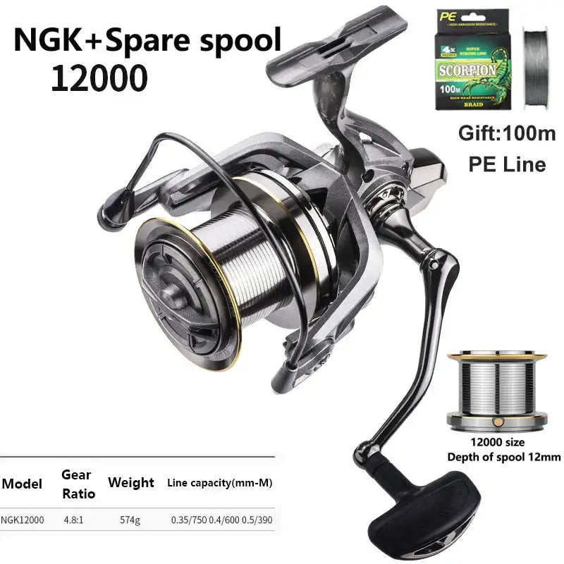 NGK 12000 spinning fishing reel with spare spool and 100m PE line, designed for durability and high performance in fishing.