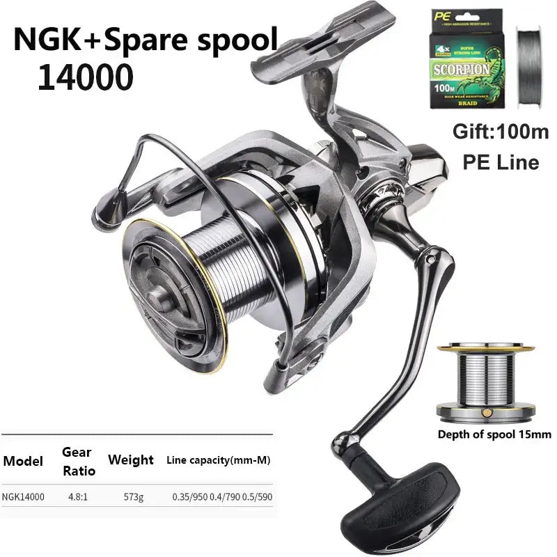 LINNHUE Big Spinning Fishing Reel 14000 with spare spool and 100m PE line for saltwater and freshwater fishing.
