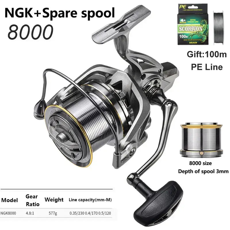 NGK 8000 fishing reel with spare spool, featuring gear ratio 4.8:1 and 100m PE line gift.