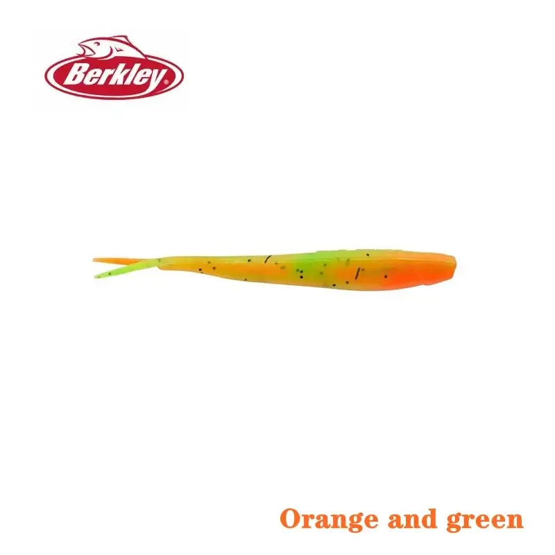 Berkley Power Bait small fish shaped soft bait in orange and green colors, 5cm long, ideal for trout fishing.