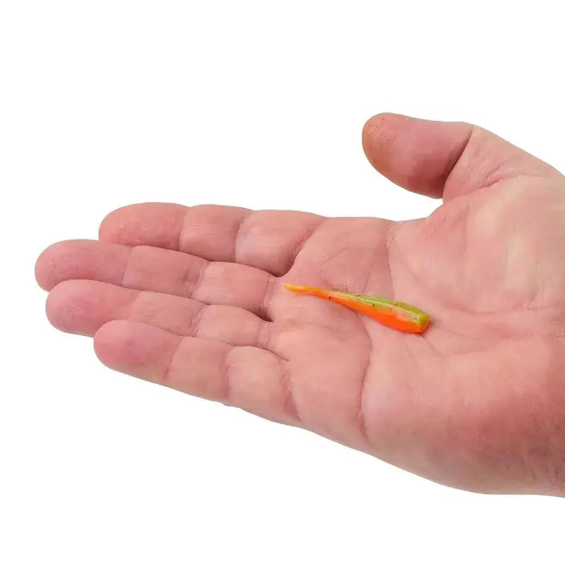 Berkley Power Bait small fish-shaped soft bait held in hand, showcasing vibrant colors and lifelike design.