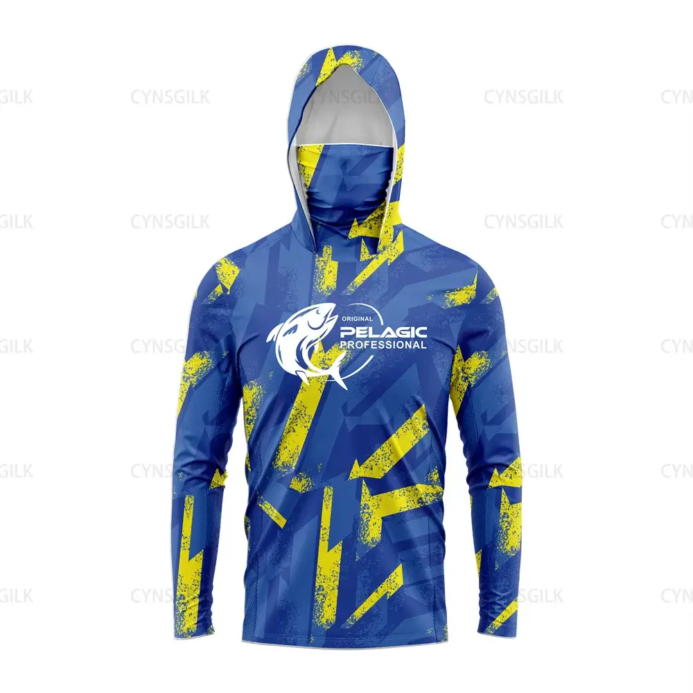 Original Pelagic Professional men's hooded fishing shirt in blue and yellow, designed for UV protection and comfort.