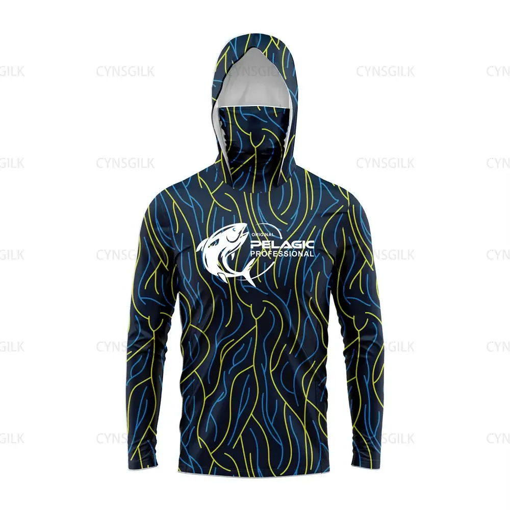 Original Pelagic Men's Hood Fishing Shirt with UV protection, featuring a stylish blue and yellow design for anglers.