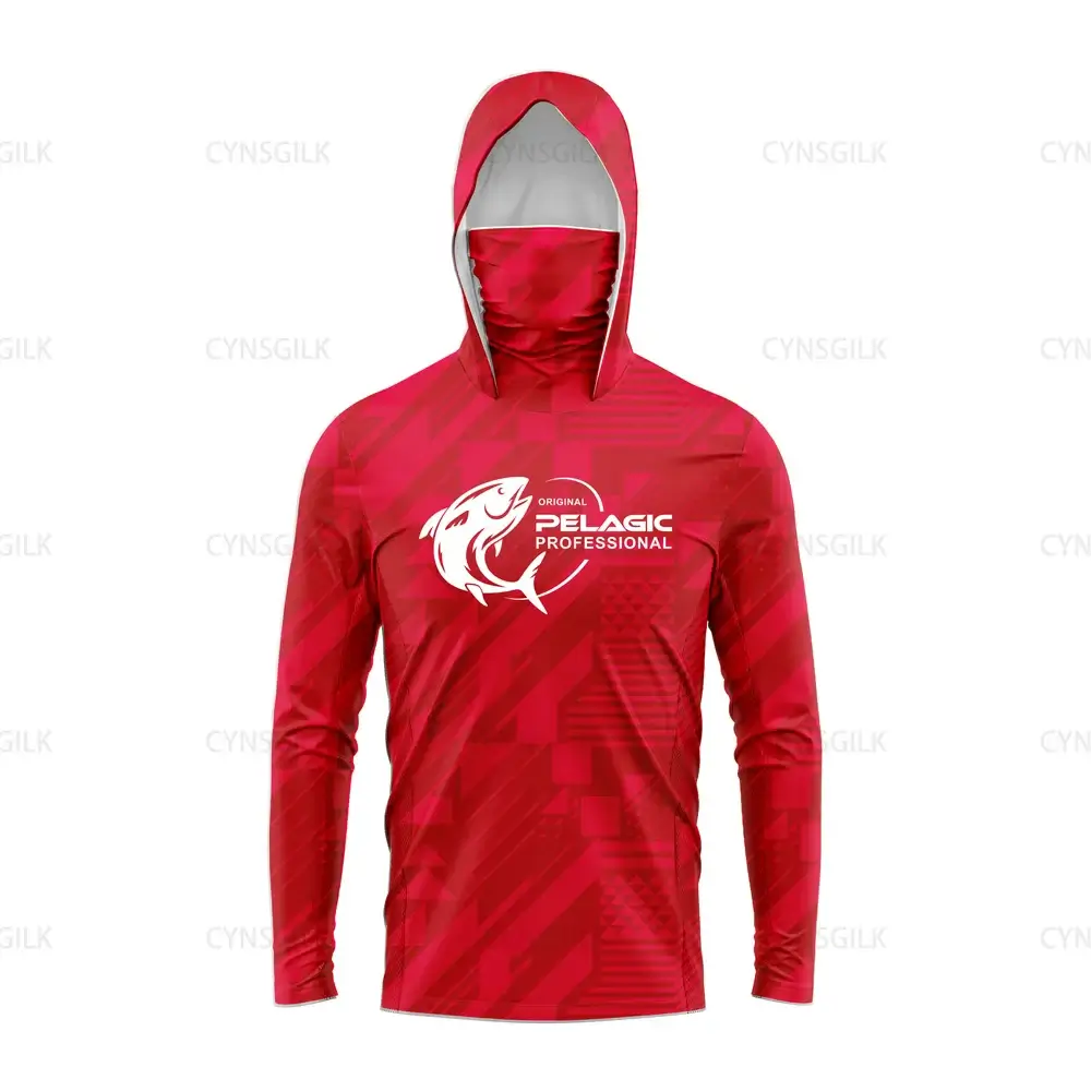 Original Pelagic Professional men's hooded fishing shirt in red with logo, designed for UV protection and comfort.